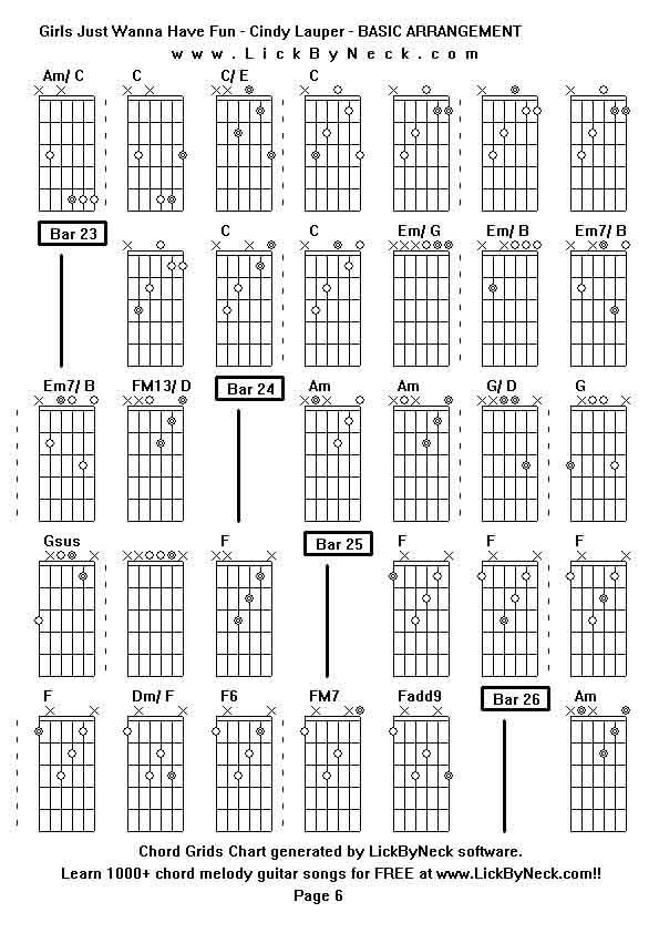 Chord Grids Chart of chord melody fingerstyle guitar song-Girls Just Wanna Have Fun - Cindy Lauper - BASIC ARRANGEMENT,generated by LickByNeck software.